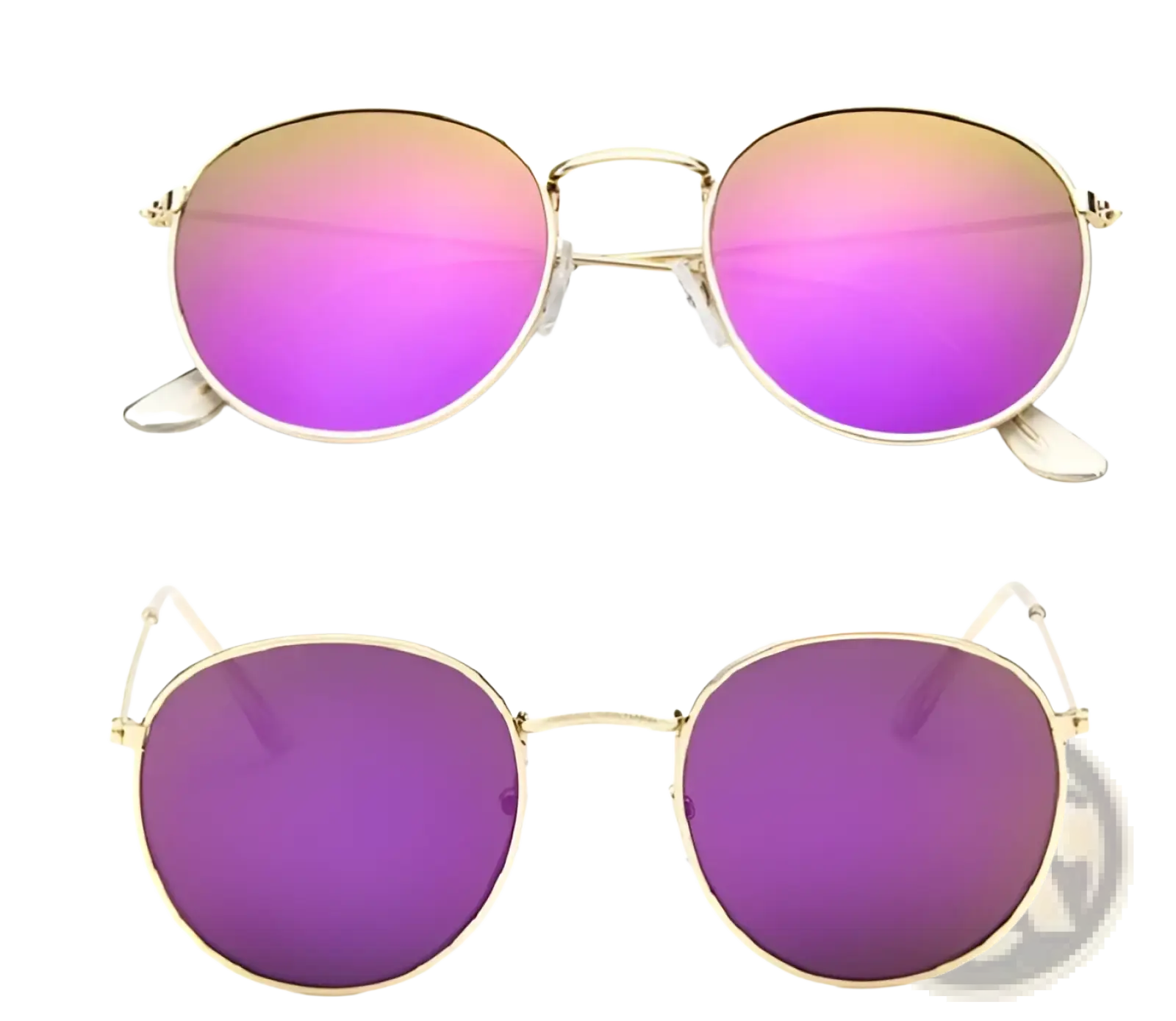 Retro round gold metal sunglasses with gold-rimmed frames and gradient pink to purple mirrored lenses