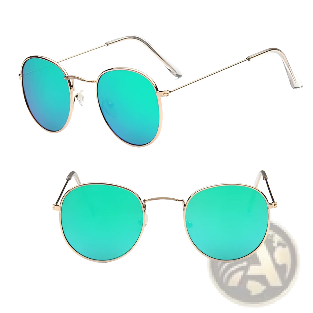 Retro round gold metal sunglasses with vibrant green mirrored lenses featuring gold rims and a classic design