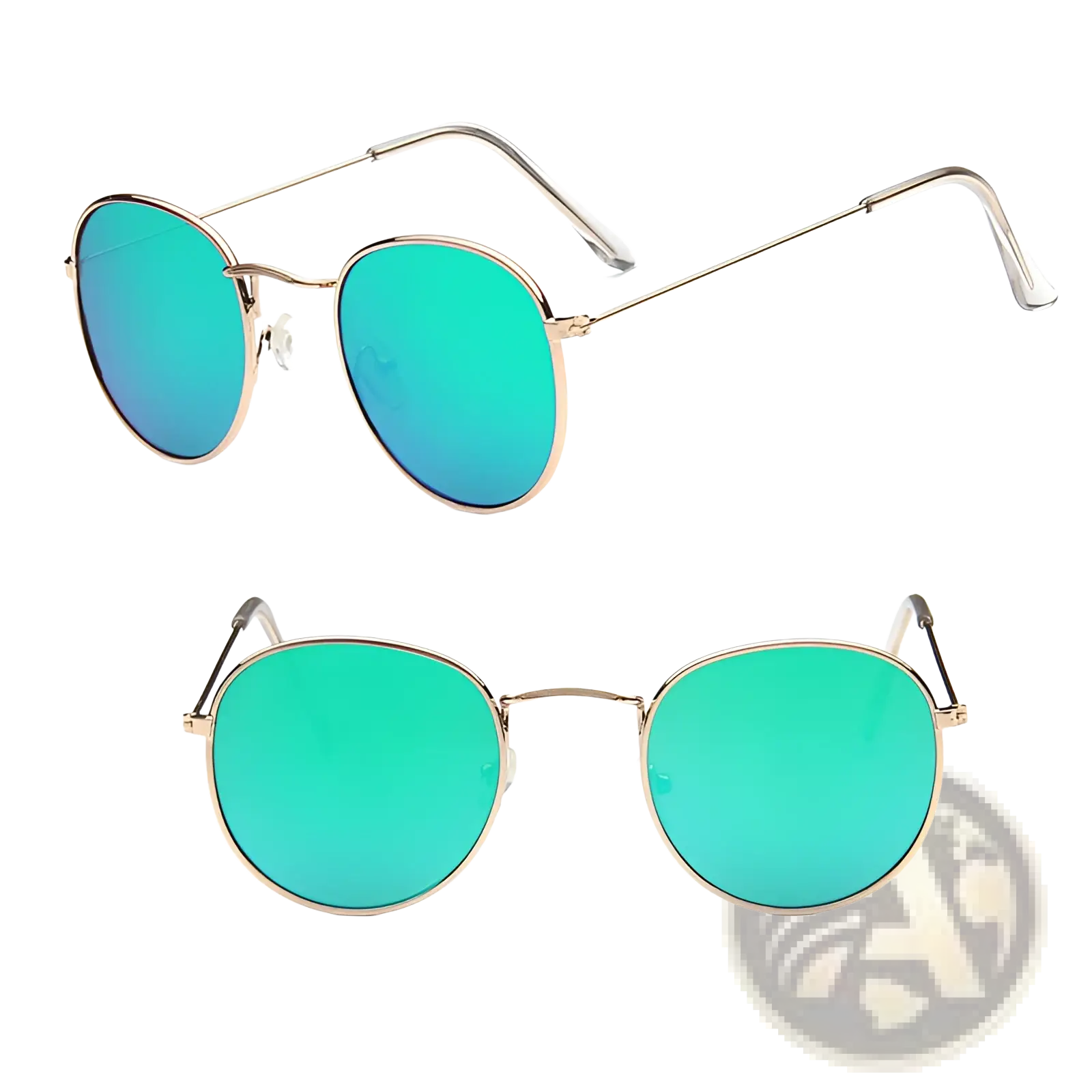 Retro round gold metal sunglasses with vibrant green mirrored lenses featuring gold rims and a classic design