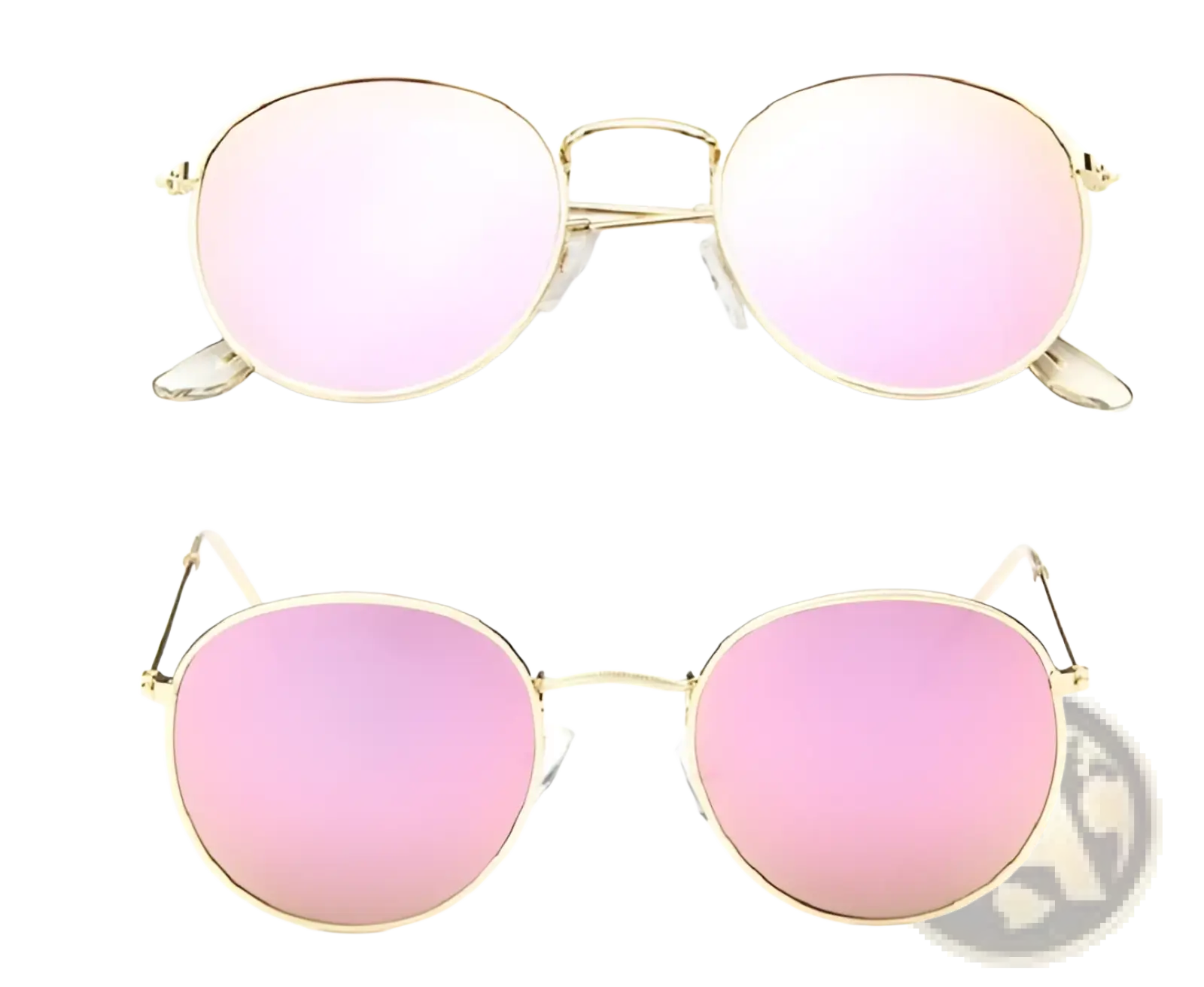 Retro round gold metal sunglasses with gold rims and pink mirrored lenses showcasing a stylish vintage design