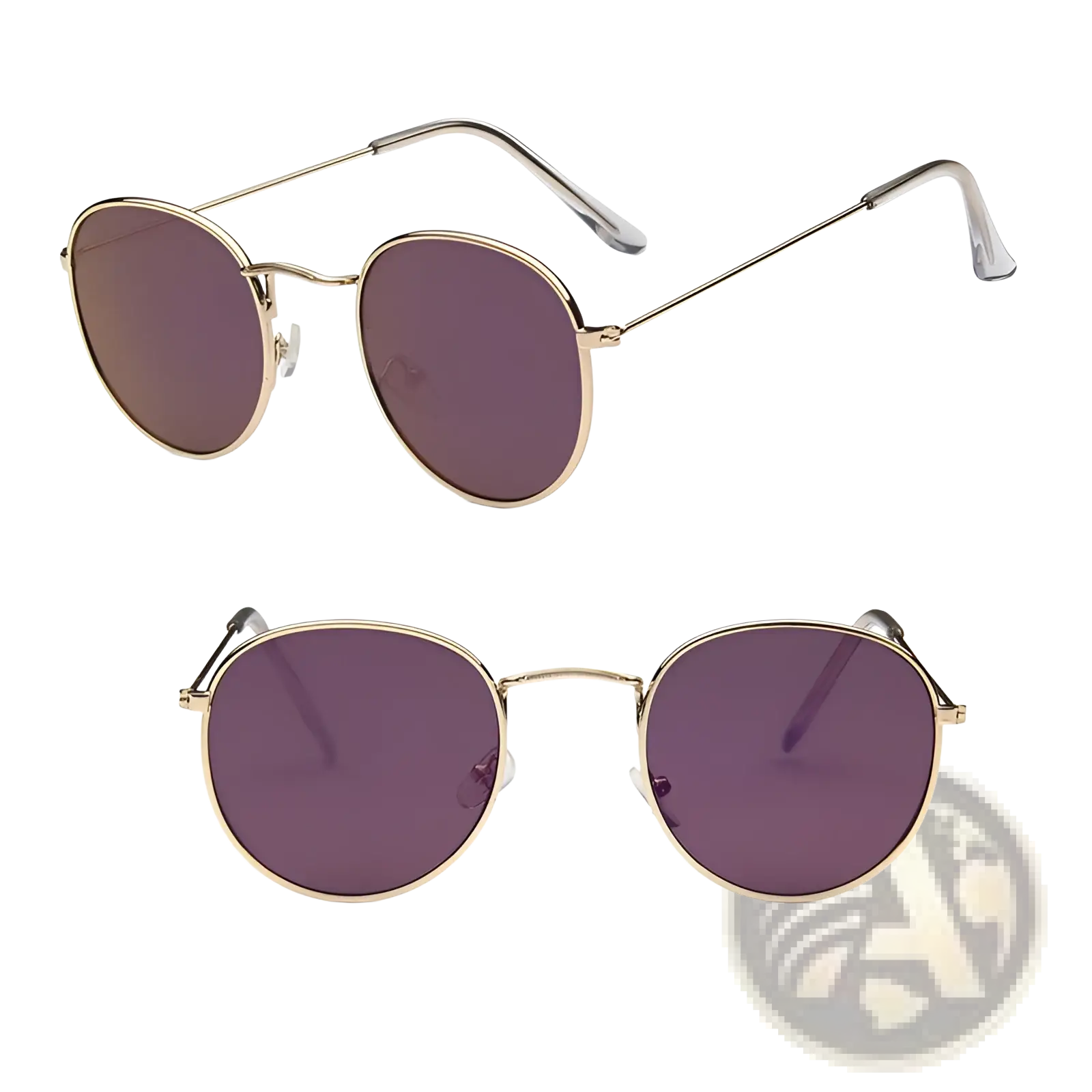 Retro round gold metal sunglasses with gold-rimmed frames and violet-tinted mirrored lenses for stylish wear
