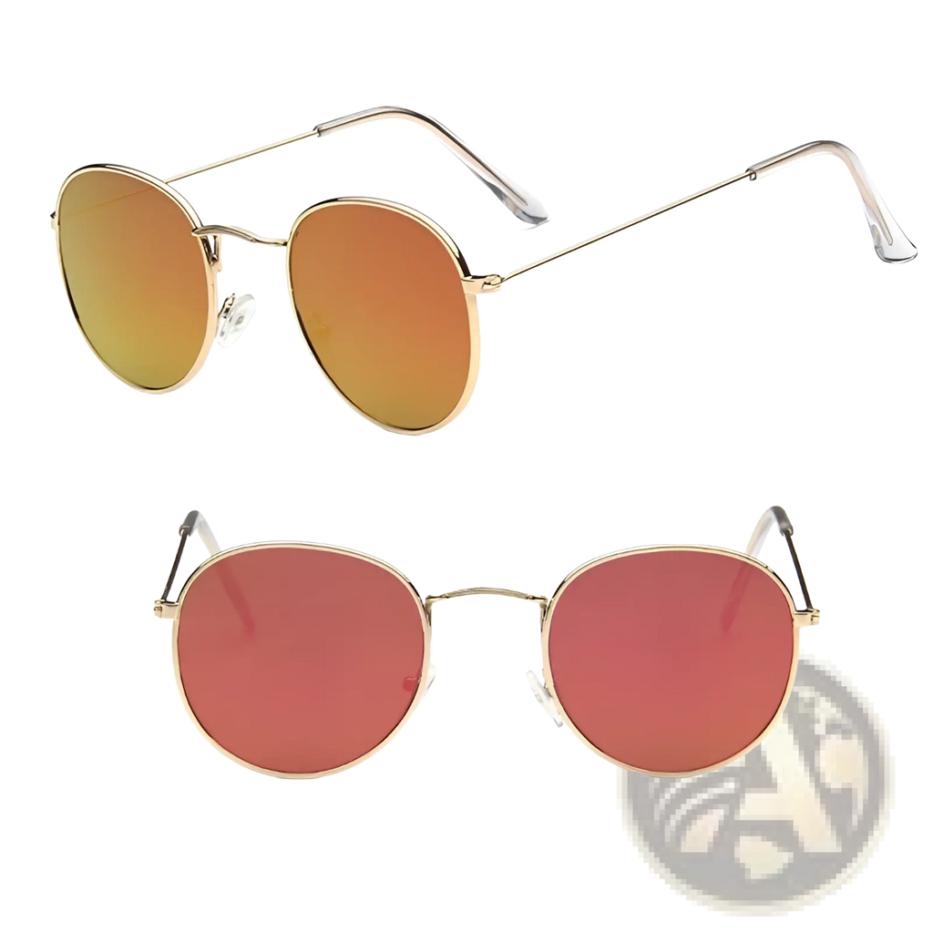 Retro round gold metal mirrored sunglasses with gold rims and warm orange red gradient mirrored lenses