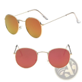 Retro round gold metal mirrored sunglasses with gold rims and warm orange red gradient mirrored lenses