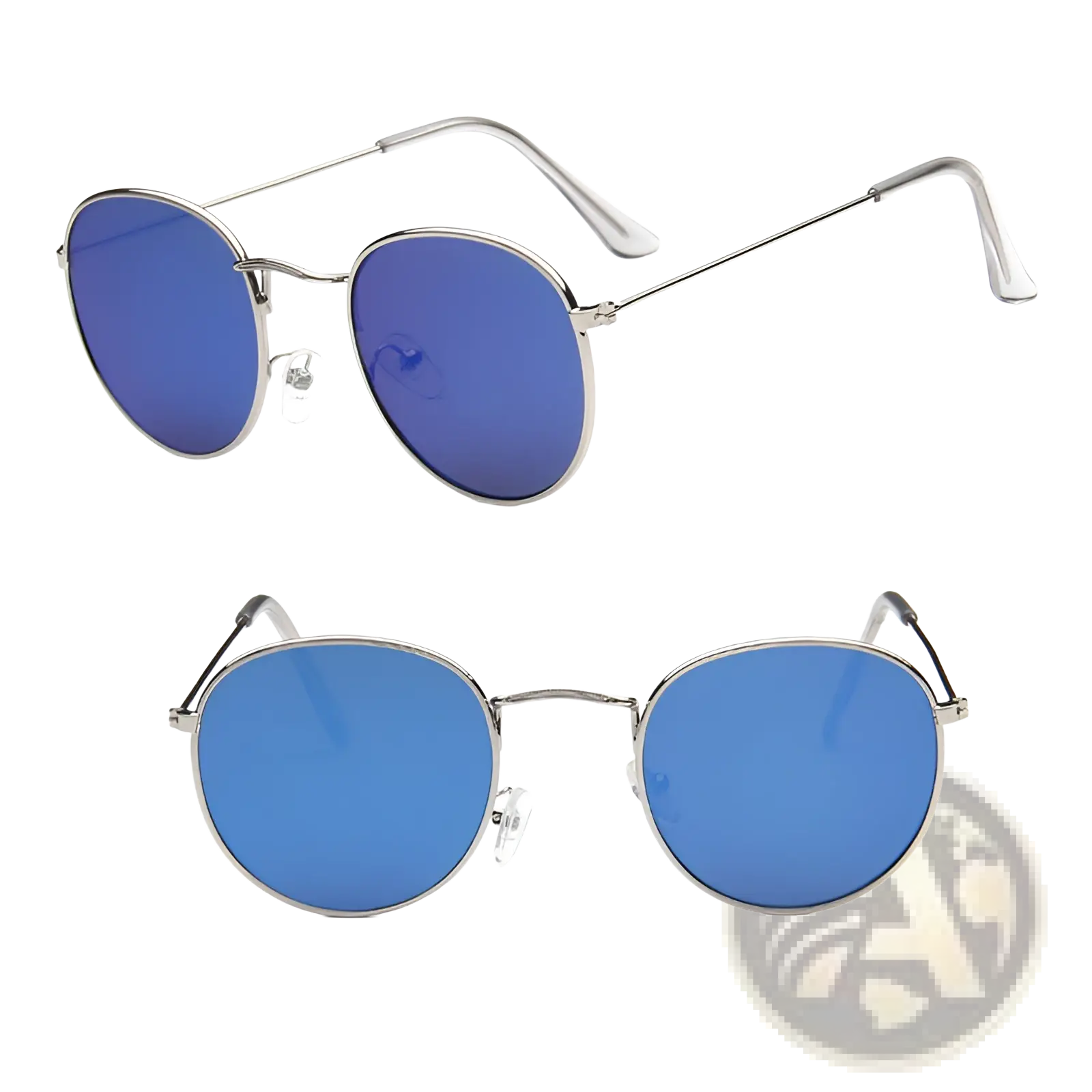 Silver-framed round sunglasses with vibrant blue mirrored lenses in retro gold metal mirrored sunglasses style