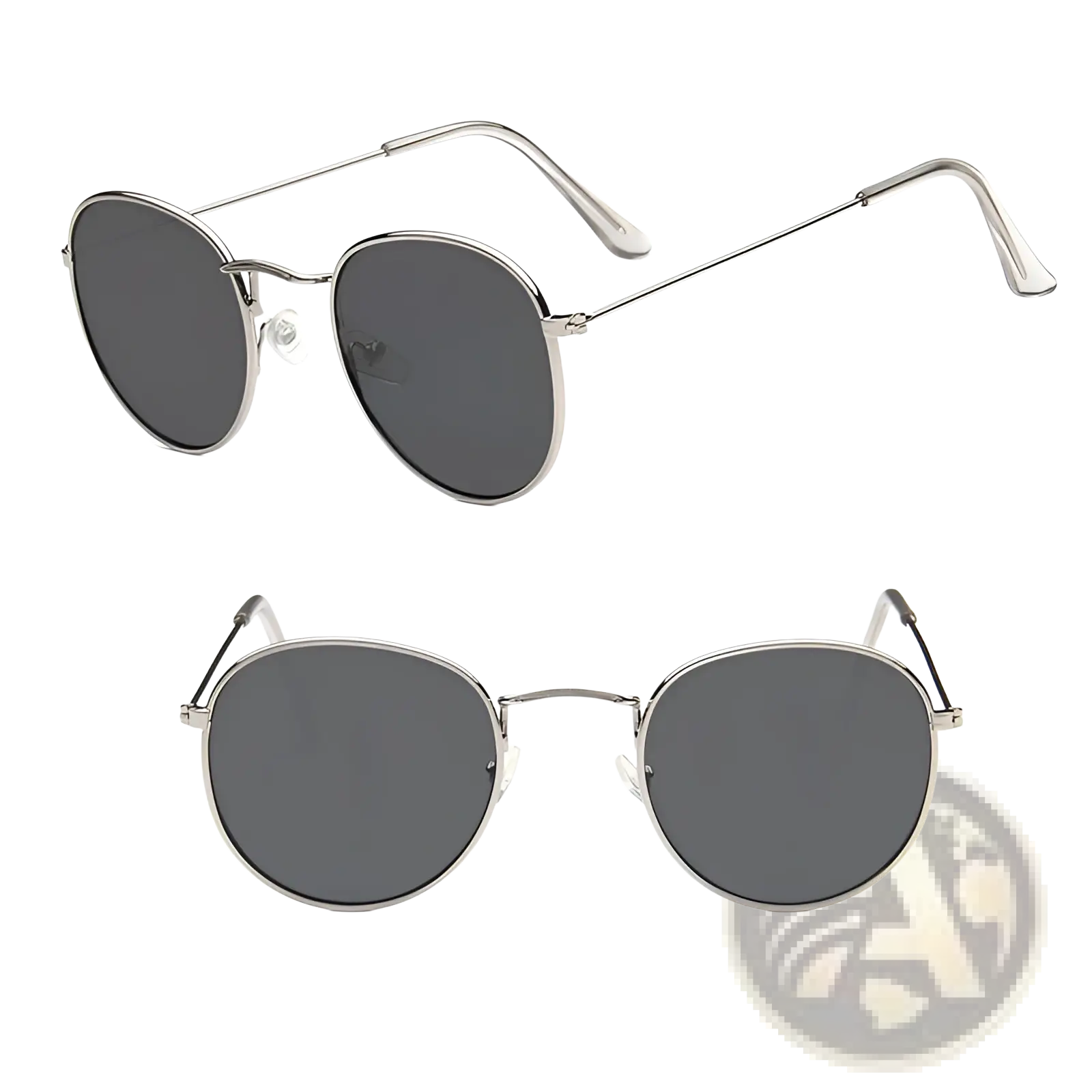 Silver-framed round sunglasses with dark grey lenses featuring a retro gold metal mirrored design