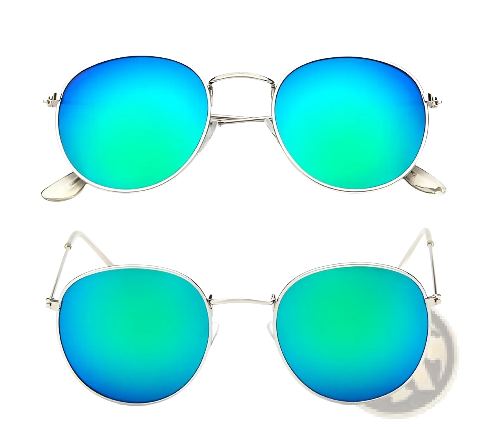 Retro round gold metal mirrored sunglasses with round silver frame and reflective blue green gradient lenses