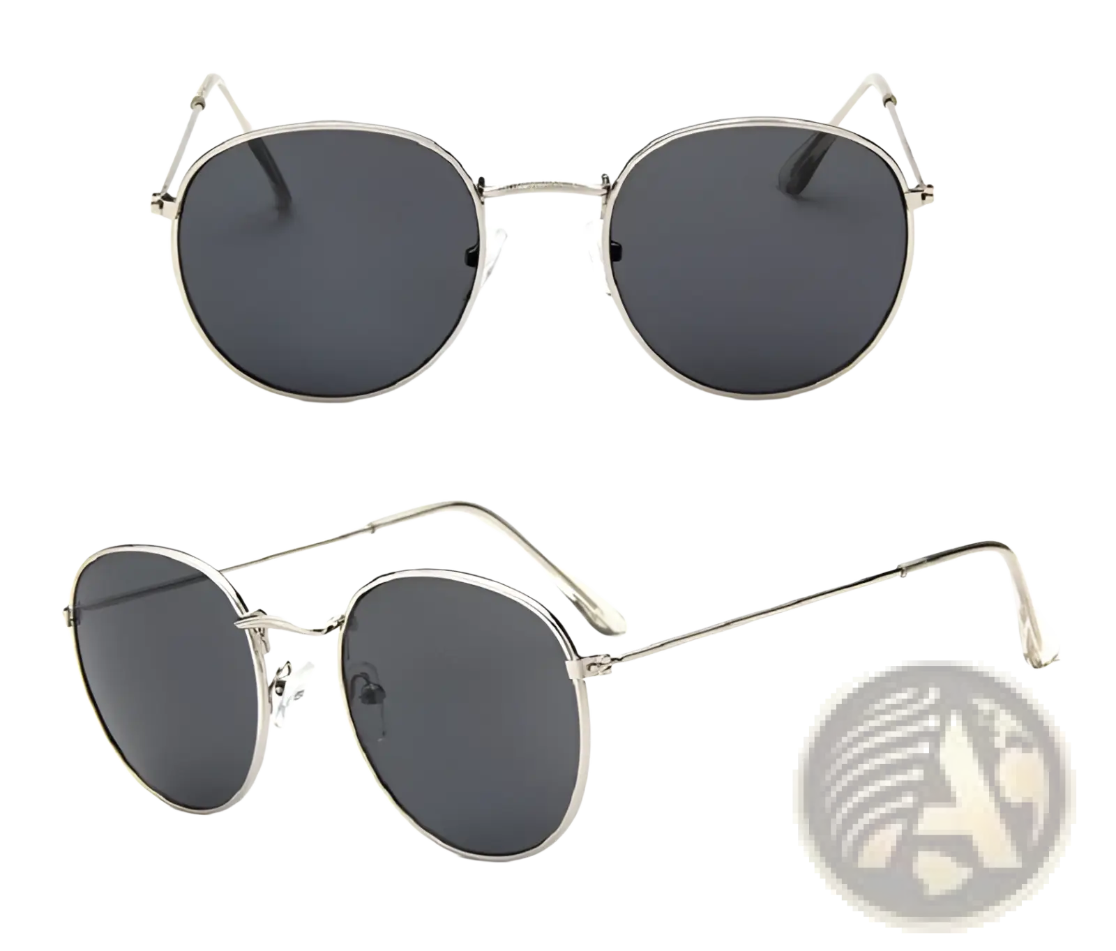 Silver-framed round sunglasses with dark gray lenses featuring a retro gold metal mirrored design