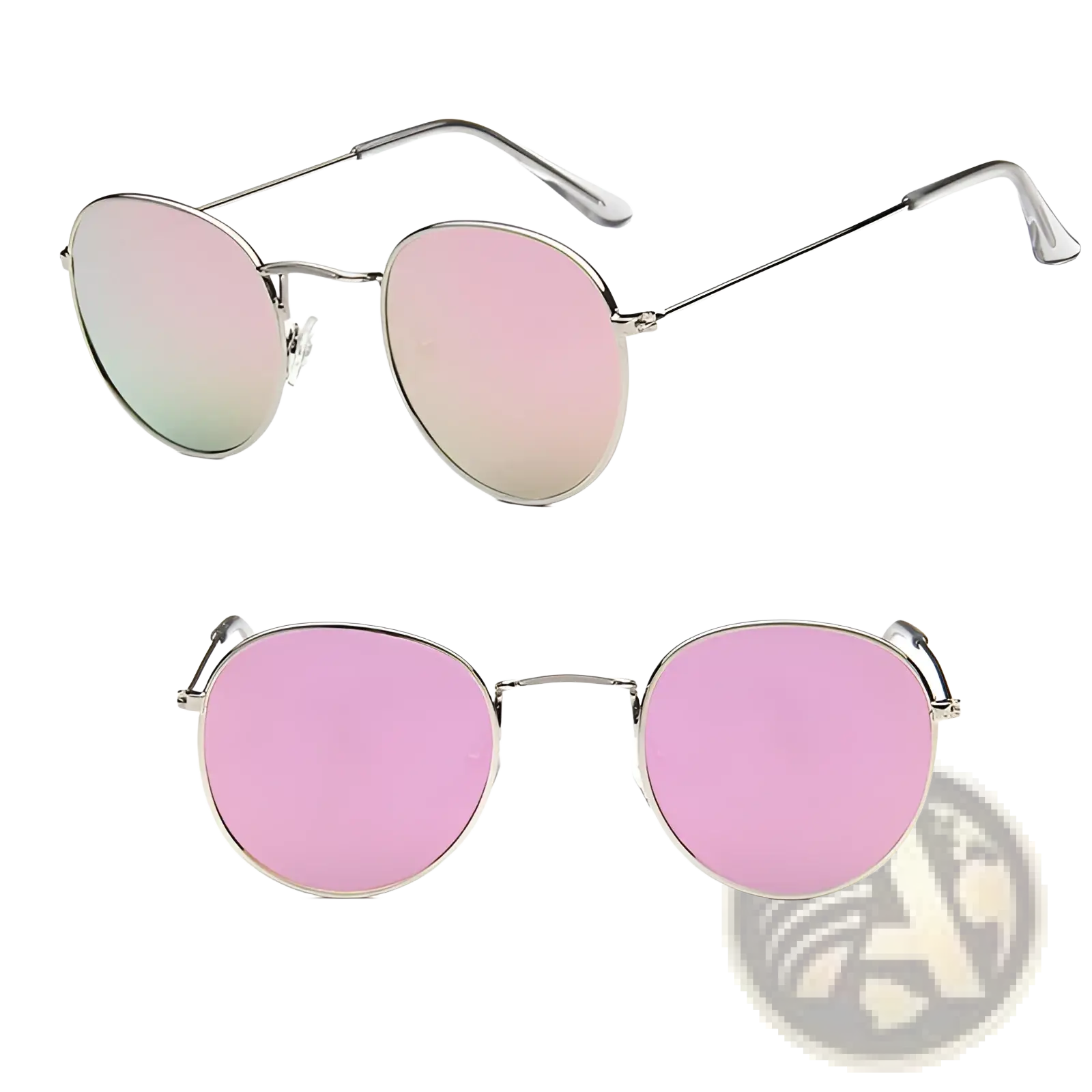 Silver-framed round sunglasses with pink gradient lenses in a retro gold metal mirrored design