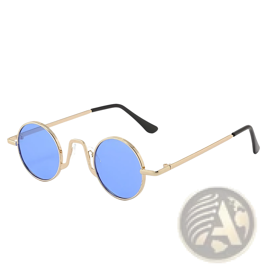 Gold-toned retro round hip hop sunglasses with blue mirrored lenses and black temple tips for stylish wear