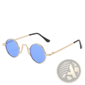 Gold-toned retro round hip hop sunglasses with blue mirrored lenses and black temple tips for stylish wear