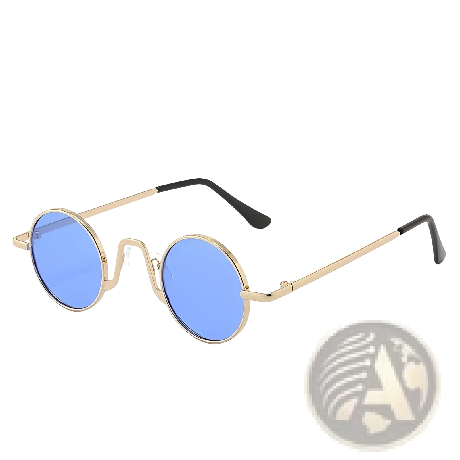Gold-toned retro round hip hop sunglasses with blue mirrored lenses and black temple tips for stylish wear