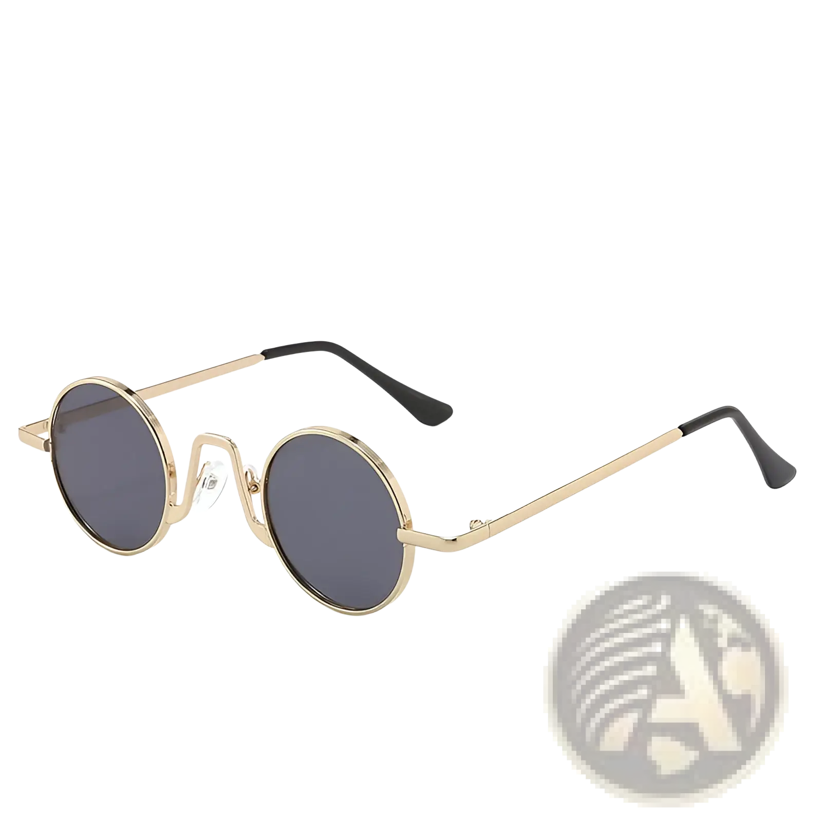 Gold-toned retro round hip hop sunglasses with mirrored dark gray lenses and black temple tips