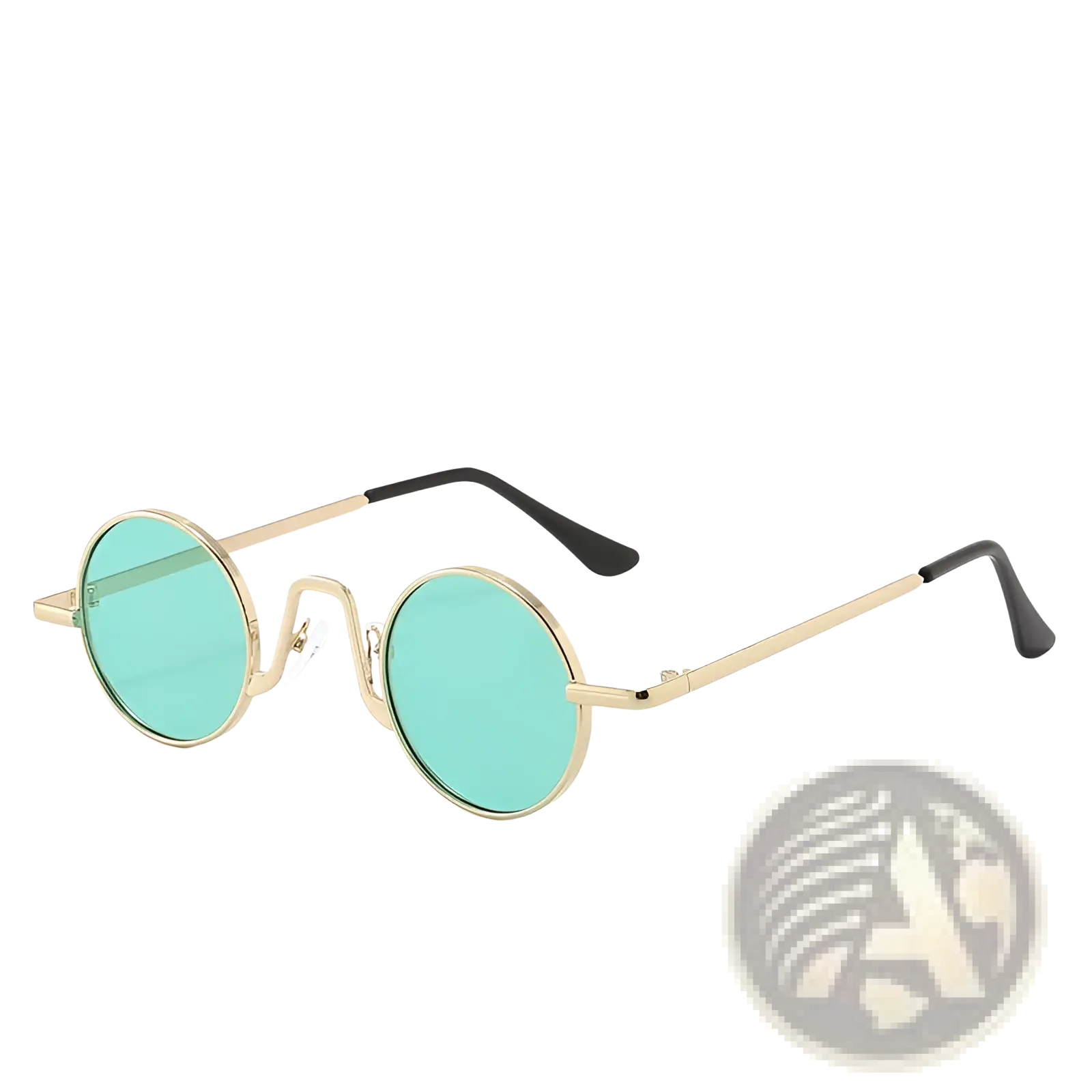 Retro round hip hop sunglasses with gold-toned frame, teal-tinted mirrored lenses, and black temple tips