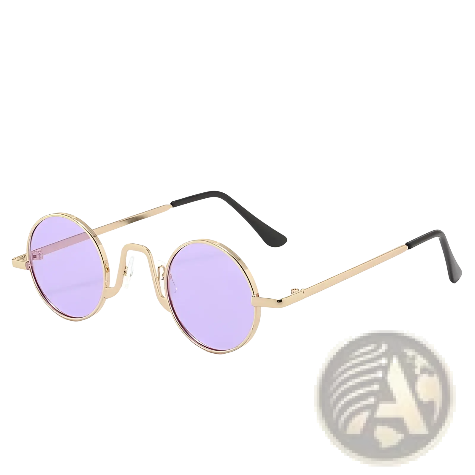 Retro round hip hop sunglasses with gold-toned frame, purple mirrored lenses, and black temple tips