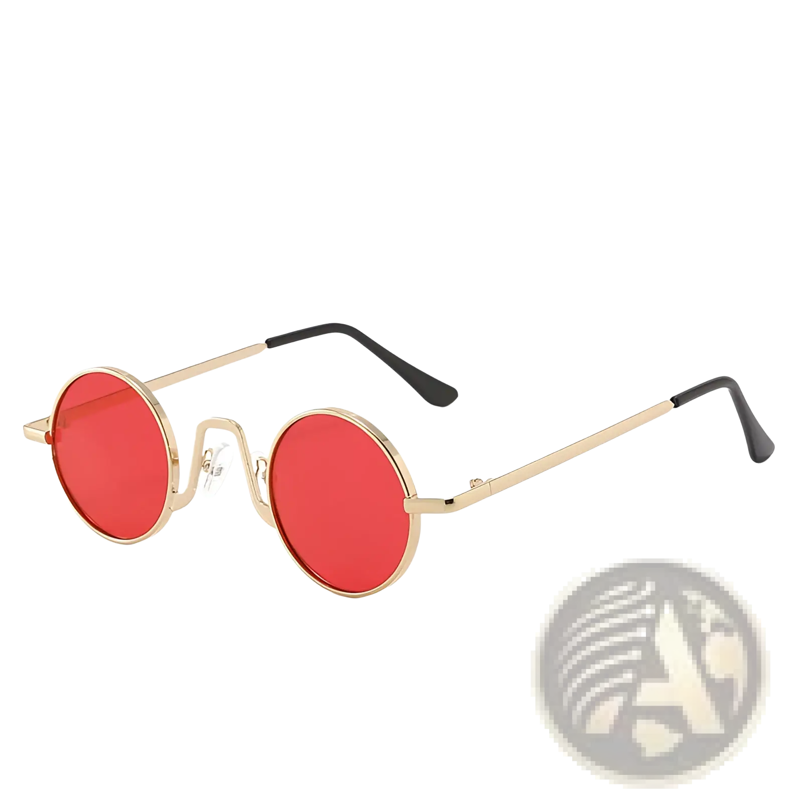 Retro round hip hop sunglasses with round red tinted mirrored lenses framed in gold metal and black temple tips