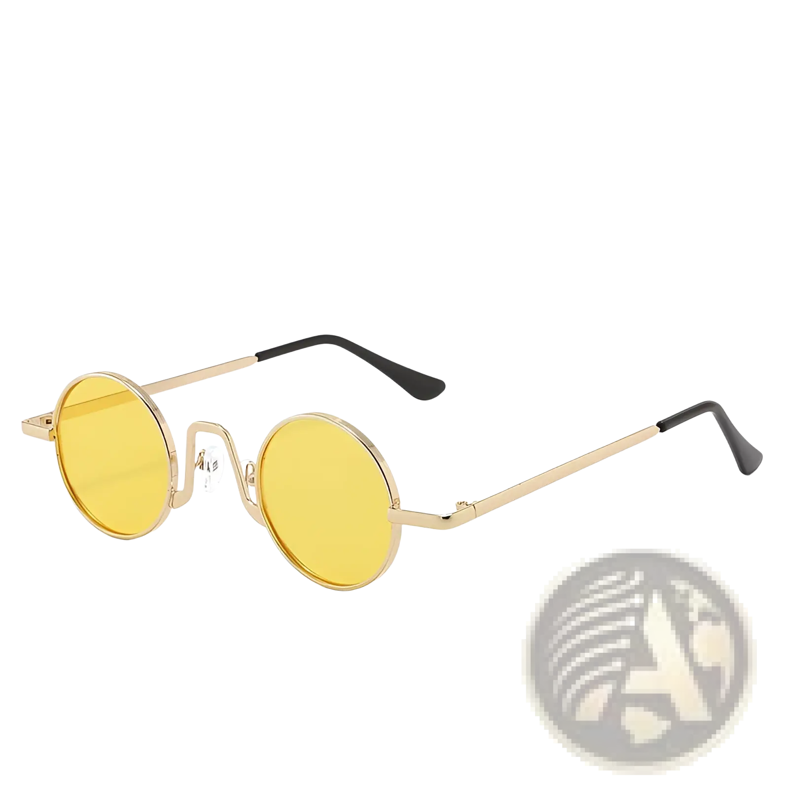 Retro round hip hop sunglasses with gold-toned frame, vibrant yellow mirrored lenses, and black temple tips