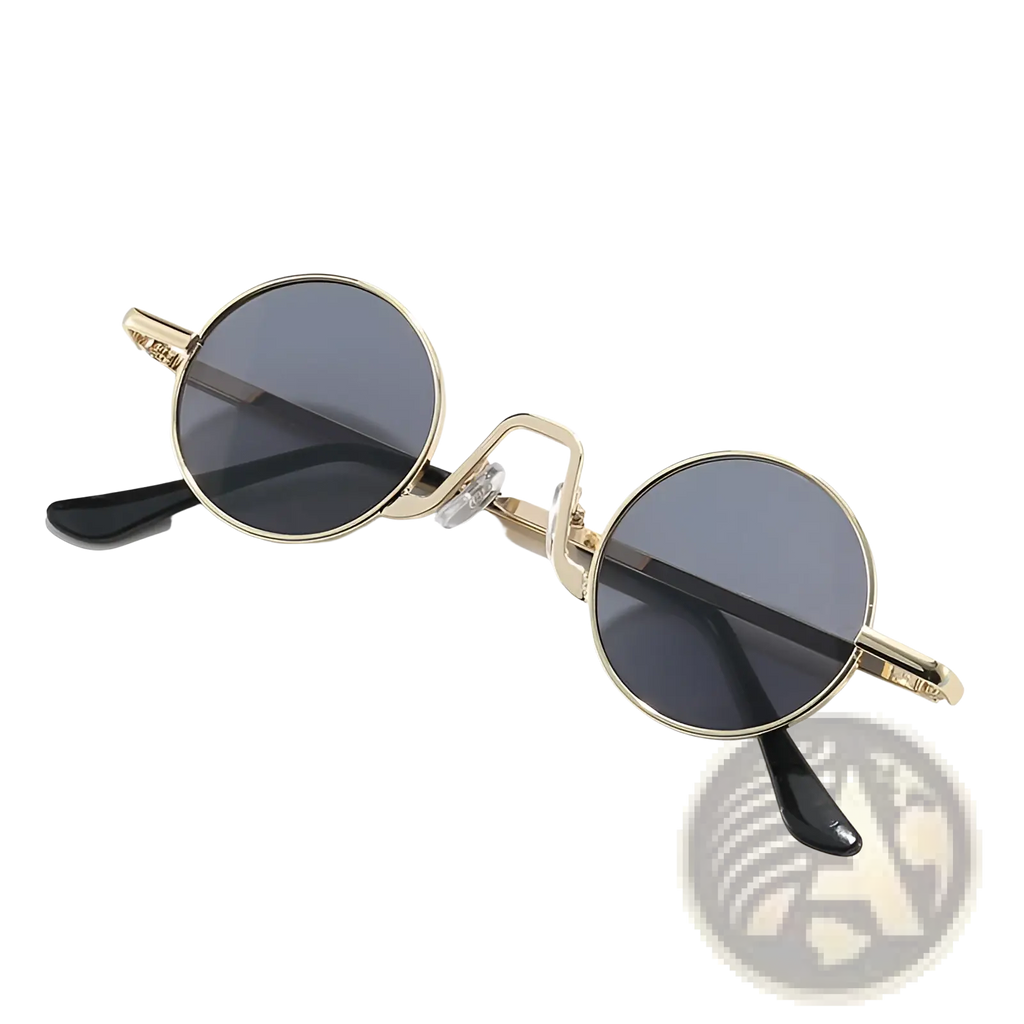 Retro round hip hop sunglasses featuring gold-rimmed frames, dark gray mirrored lenses, and black temple tips