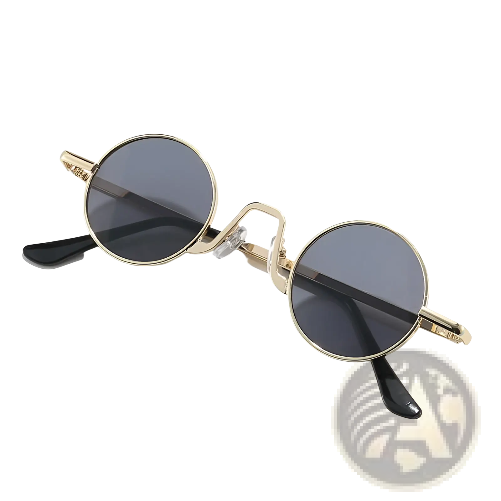 Retro round hip hop sunglasses featuring gold-rimmed frames, dark gray mirrored lenses, and black temple tips
