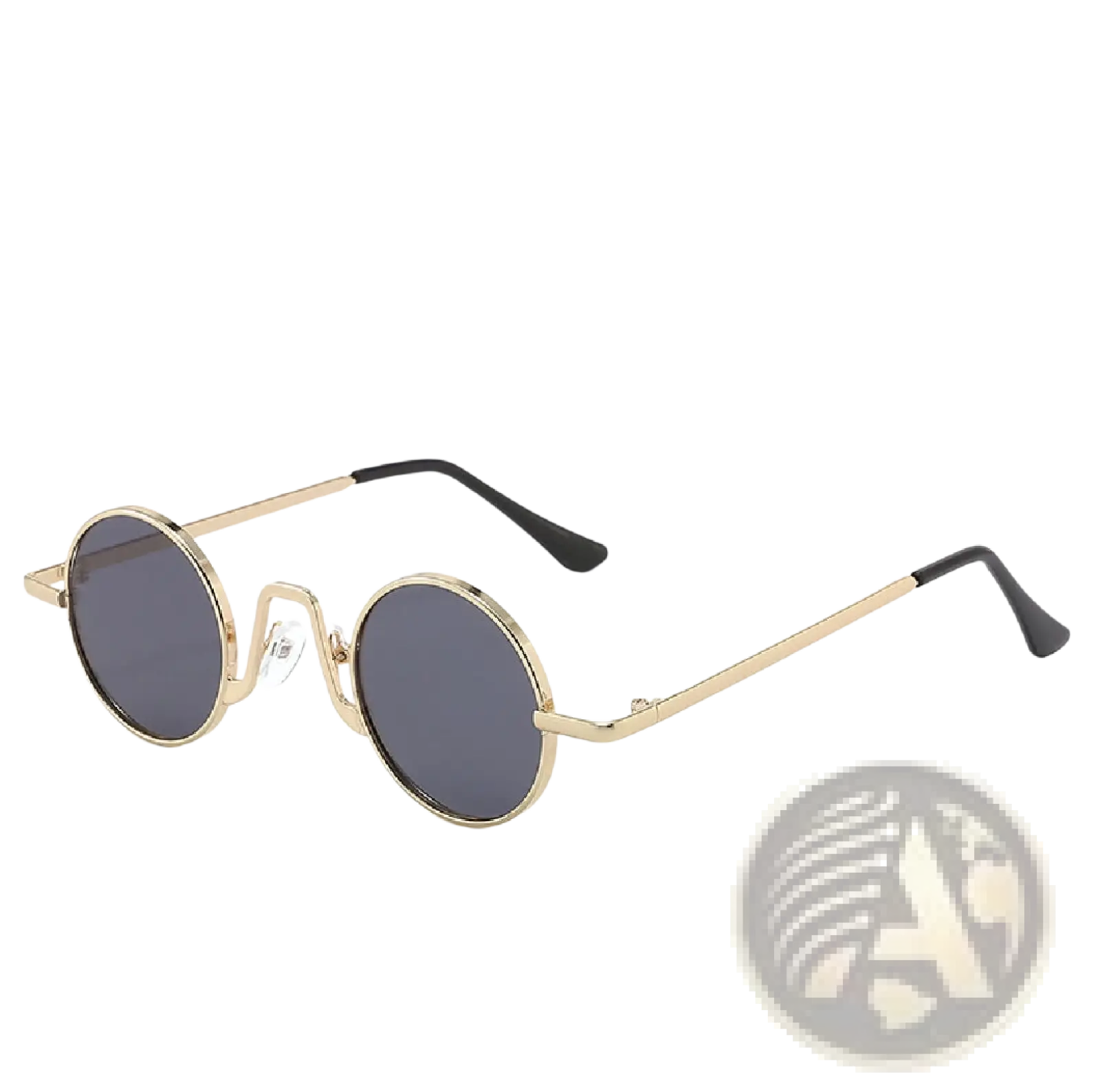 Gold-toned retro round hip hop sunglasses with mirrored dark gray lenses and black temple tips
