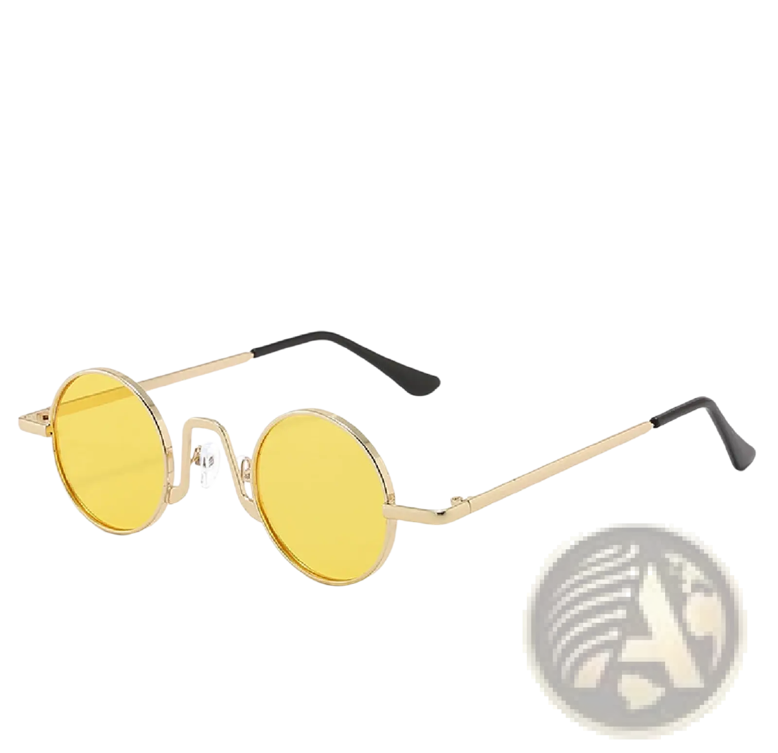 Retro round hip hop sunglasses with gold-toned frames and vibrant yellow mirrored lenses with black temple tips