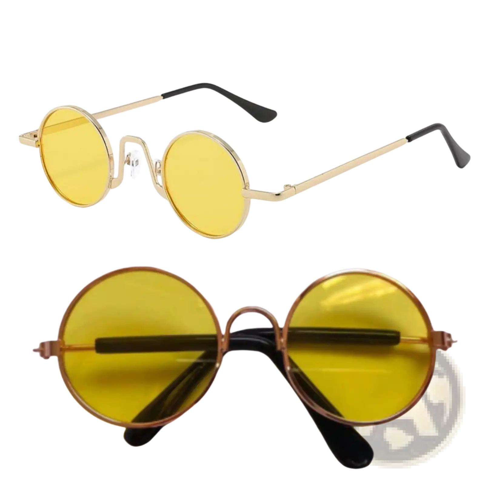 Retro round hip hop sunglasses with round yellow tinted mirrored lenses, gold toned metal frames, and black temple tips