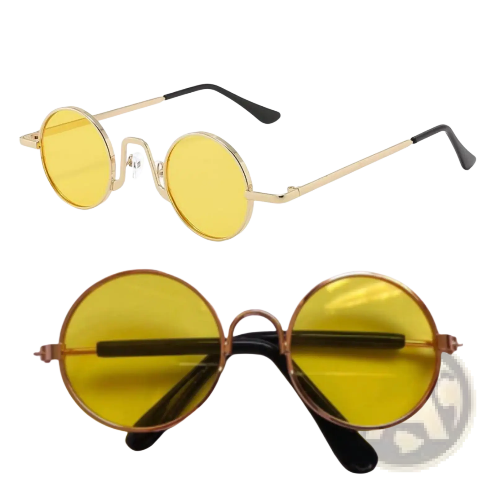 Retro round hip hop sunglasses with gold rim, vibrant yellow mirrored lenses, and black temple tips