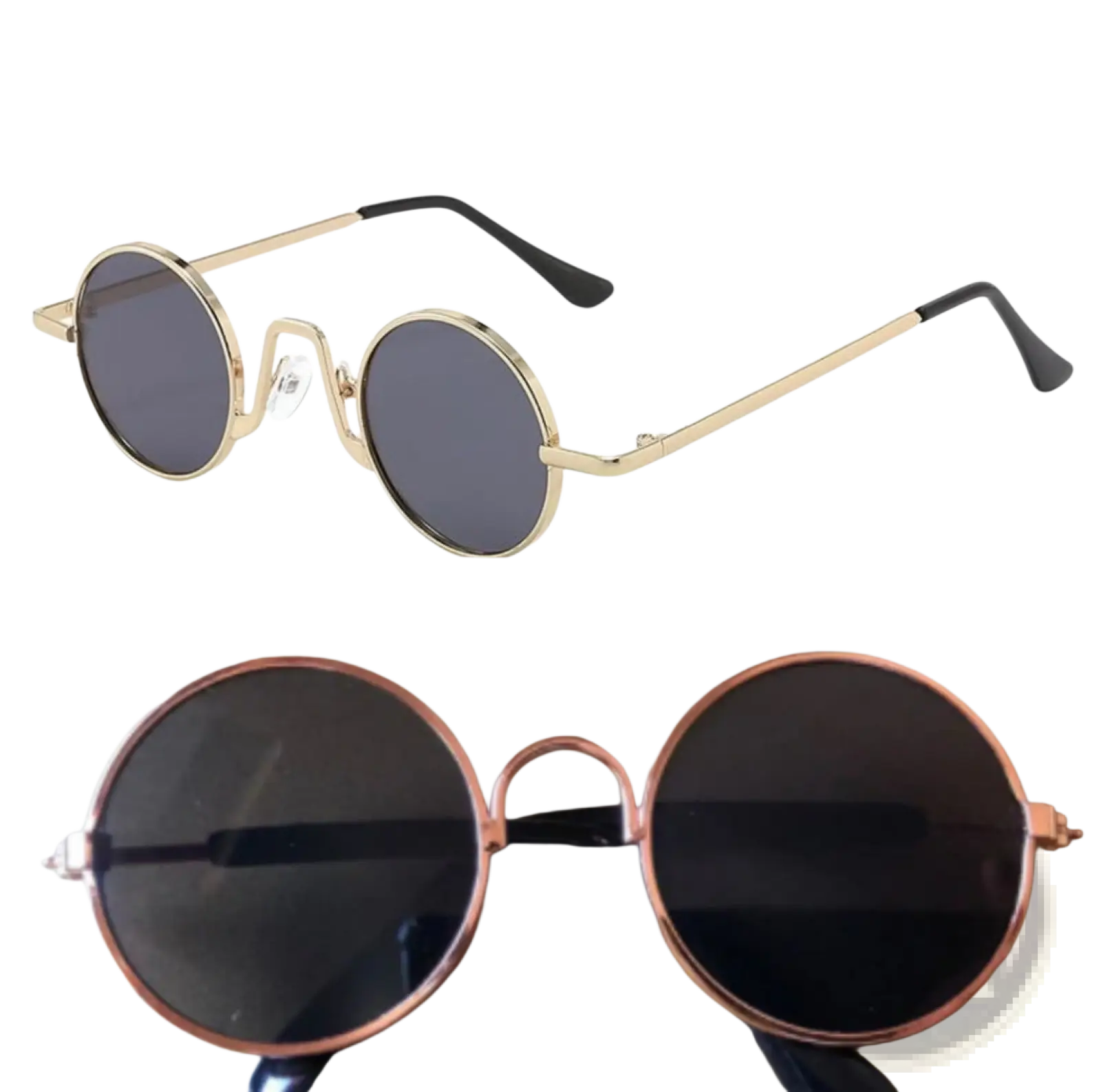 Gold-toned retro round hip hop sunglasses with mirrored dark gray lenses and black temple tips
