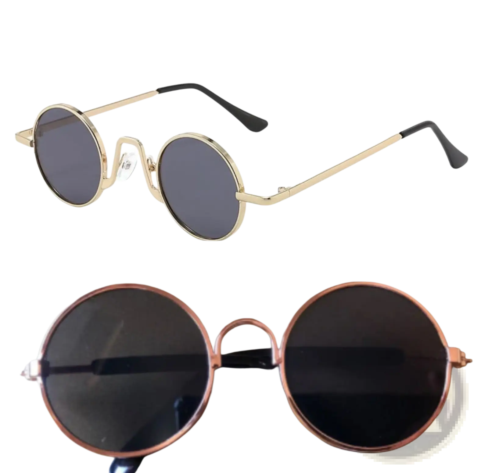 Retro round hip hop sunglasses with gold-tone metal rims, dark gray mirrored lenses, and black temple tips
