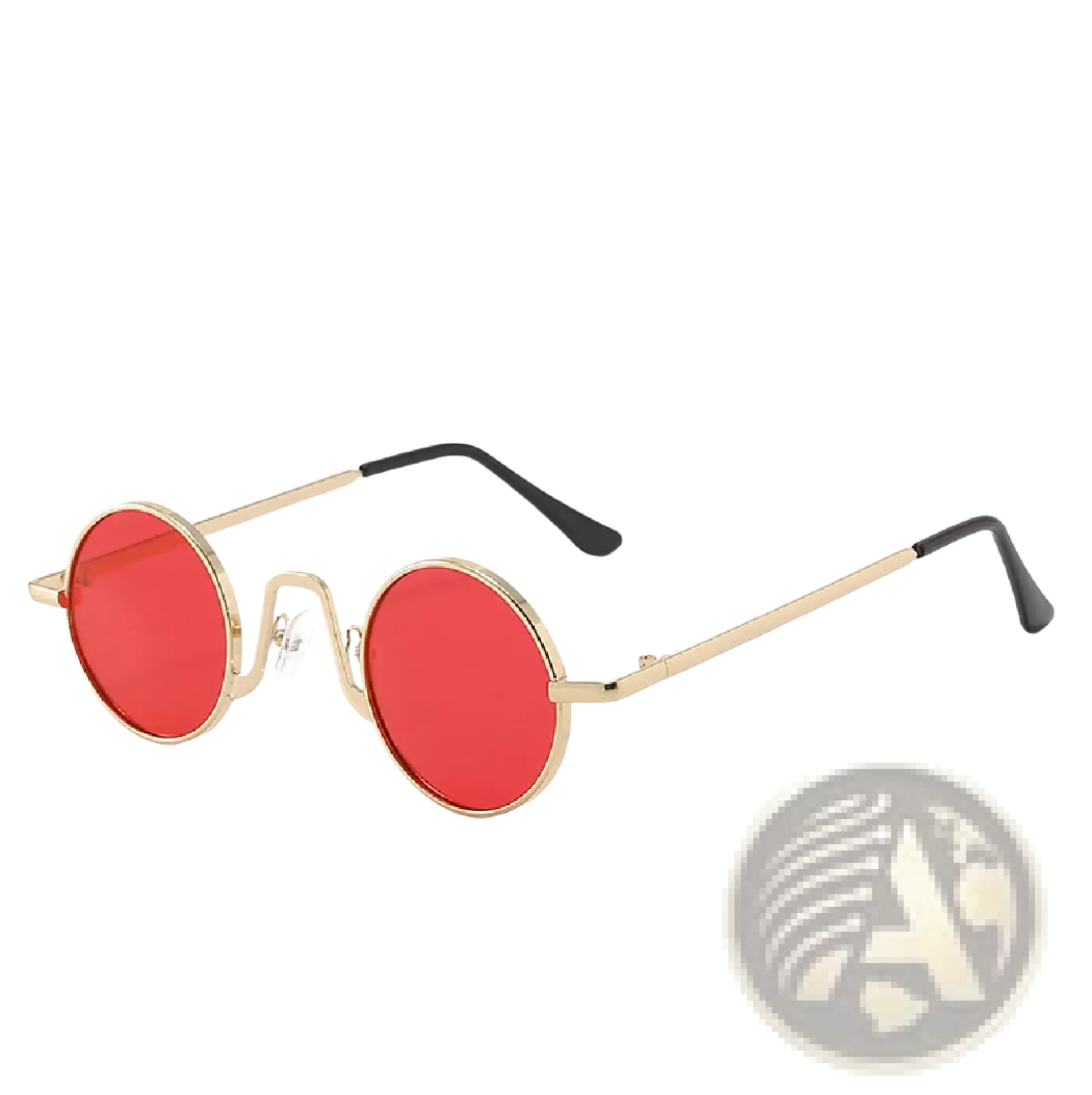 Retro round hip hop sunglasses with red-tinted mirrored lenses framed in gold-toned metal and black temple tips