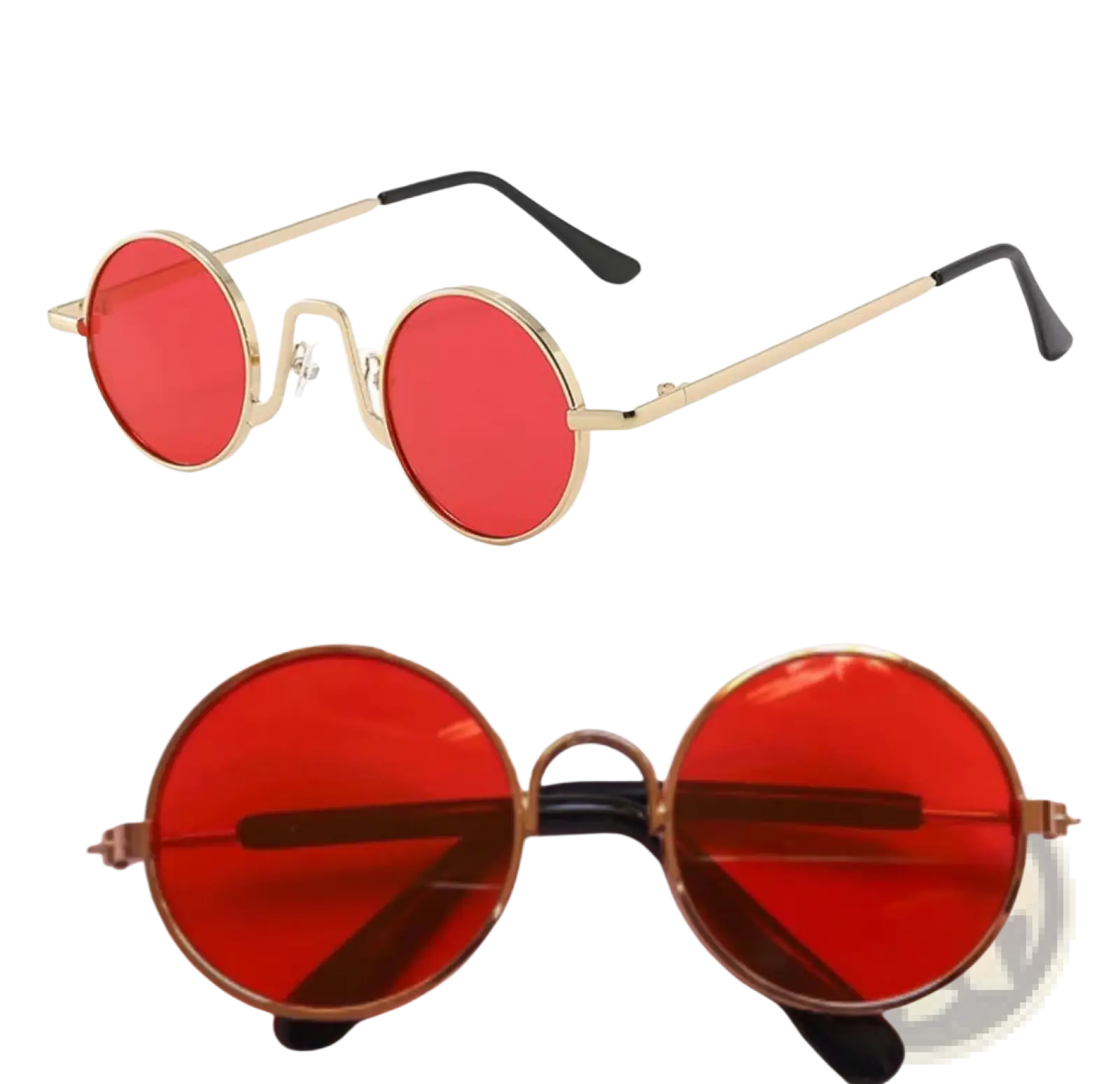 Retro round hip hop sunglasses with red circular mirrored lenses framed in gold-toned metal with black temple tips