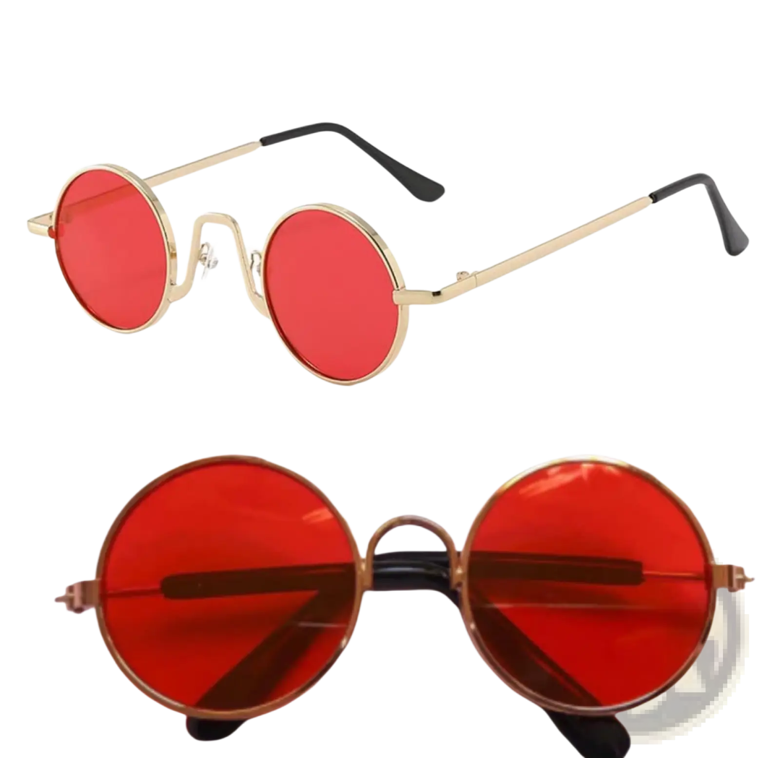 Retro round hip hop sunglasses with gold-rimmed frames, vibrant red mirrored lenses, and black temple tips