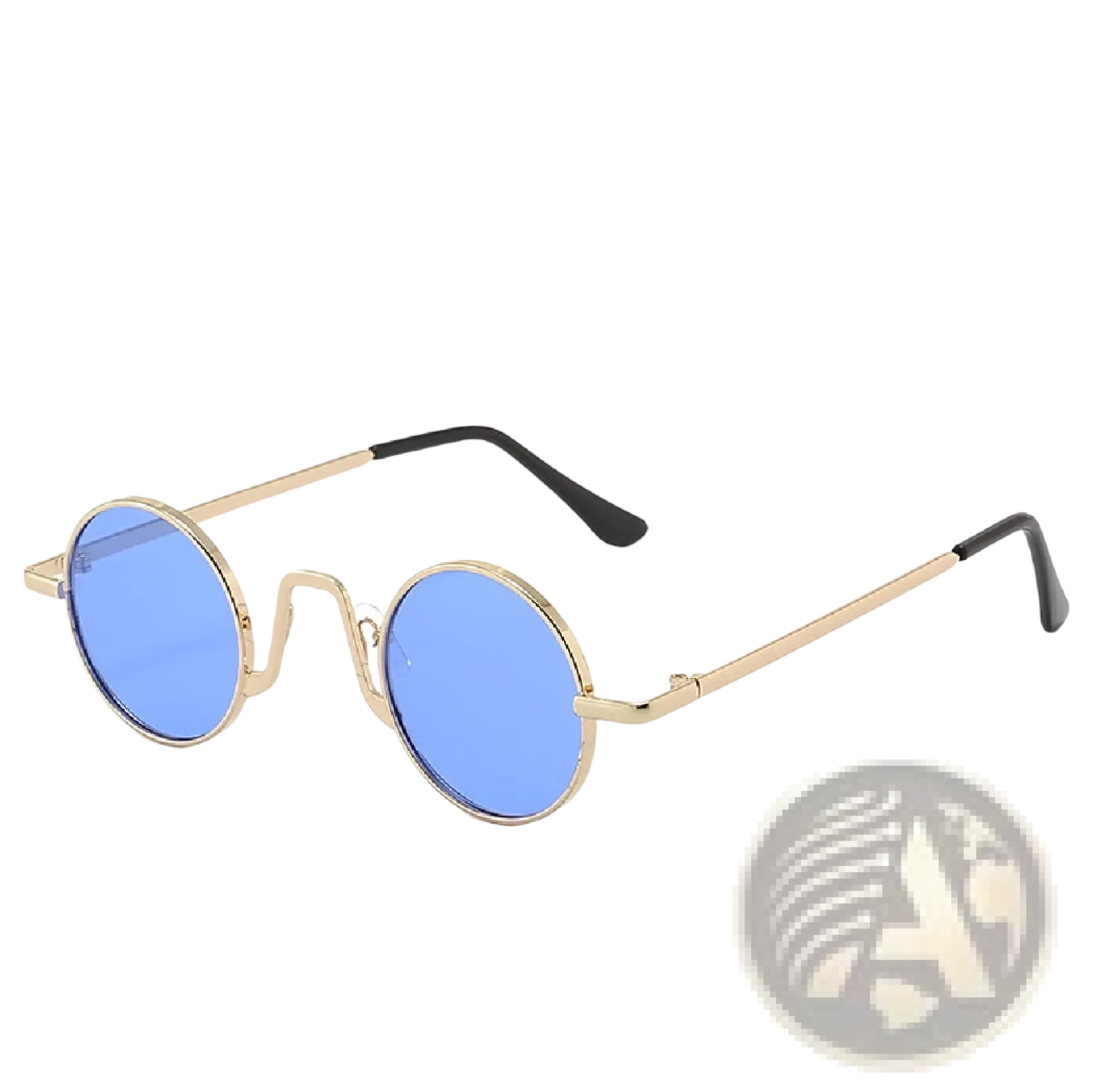 Retro round hip hop sunglasses with gold-toned frames, blue tinted mirrored lenses, and black temple tips