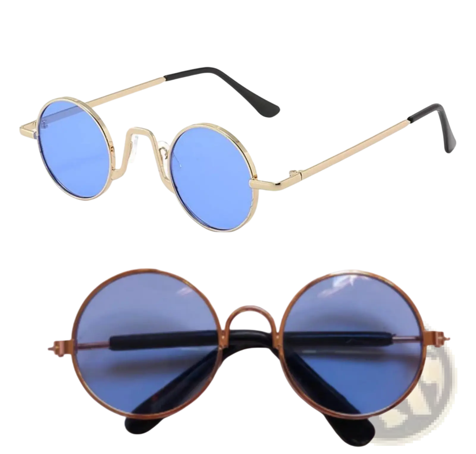 Retro round hip hop sunglasses with gold-toned frame, blue mirrored lenses, and black temple tips for stylish wear