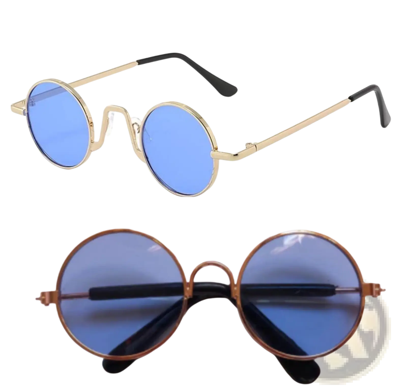 Retro round hip hop sunglasses with round blue tinted mirrored lenses and gold tone metal frames with black tips