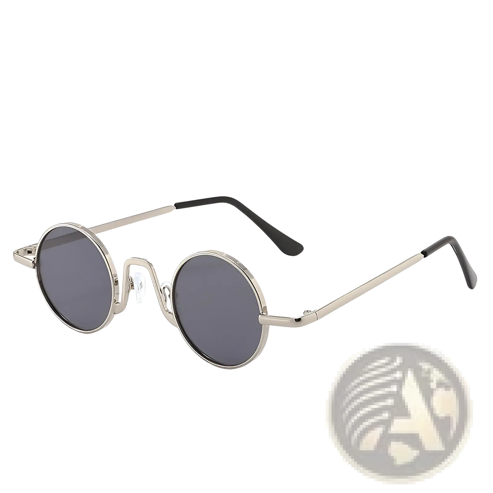 Silver-framed retro round hip hop sunglasses with dark gray mirrored lenses and black temple tips