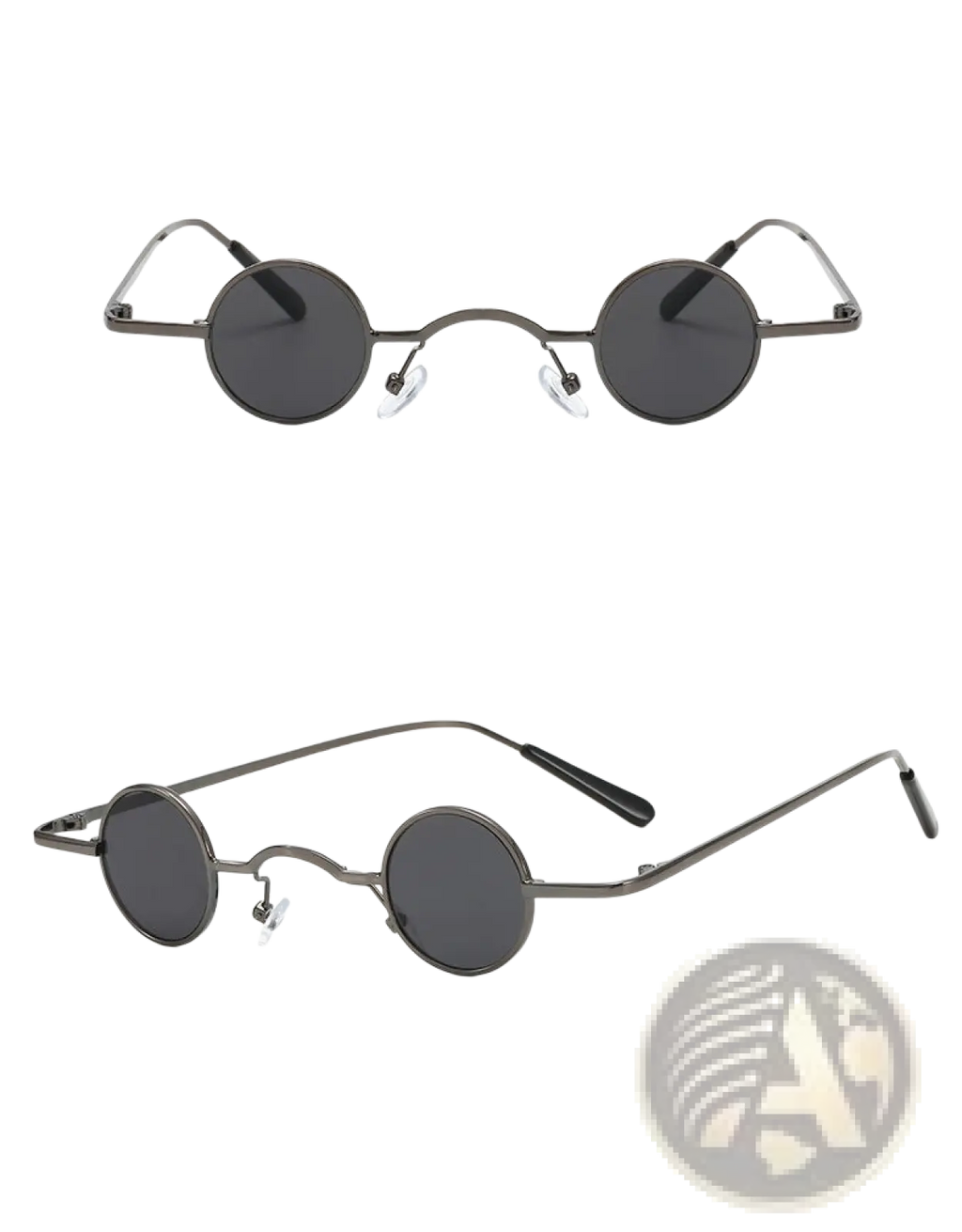 Retro round metal hip hop sunglasses with dark gray round lenses, metallic frame, and black temple tips