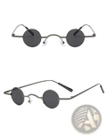 Retro round metal hip hop sunglasses with dark gray round lenses, metallic frame, and black temple tips