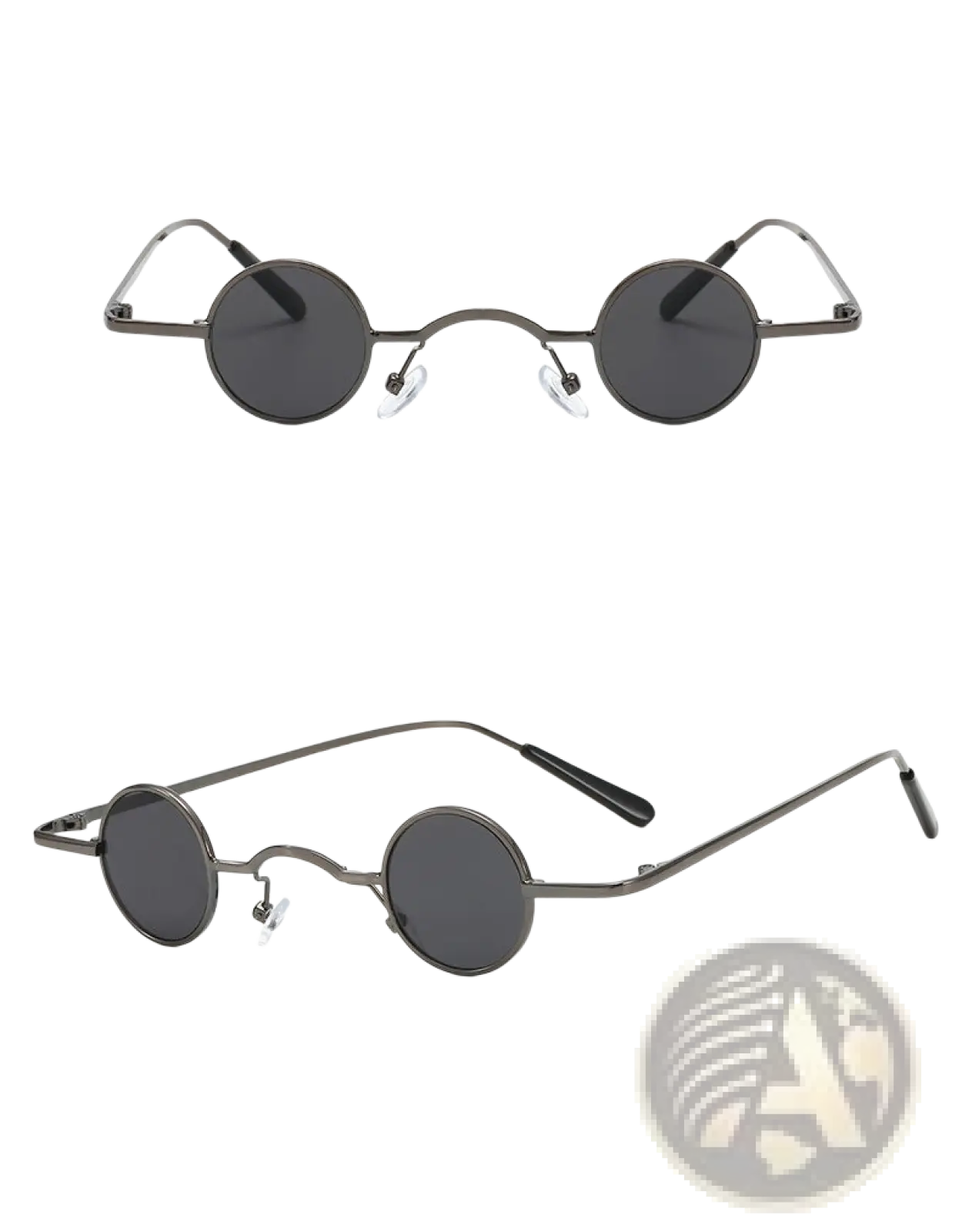 Retro round metal hip hop sunglasses with dark gray round lenses, metallic frame, and black temple tips