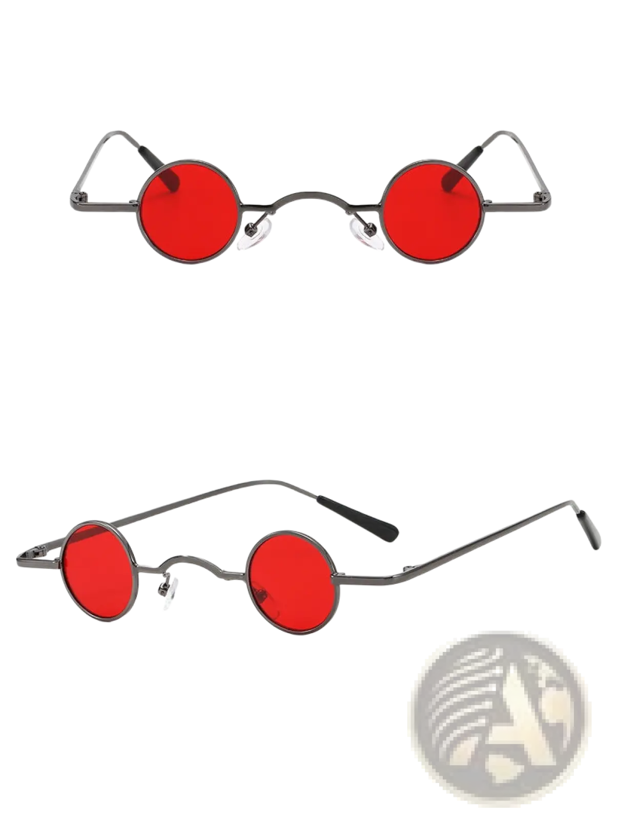 Retro round metal hip hop sunglasses with red circular lenses, sleek metallic frame, and black temple tips