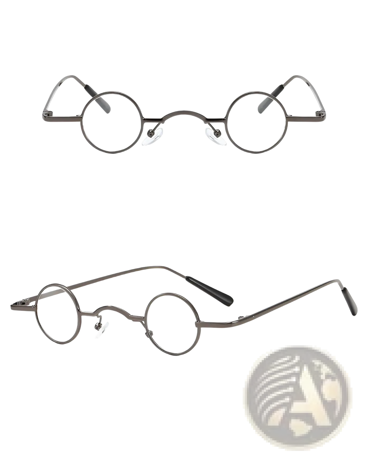 Retro round metal hip hop sunglasses with dark gray metal frame and black temple tips displayed from the front