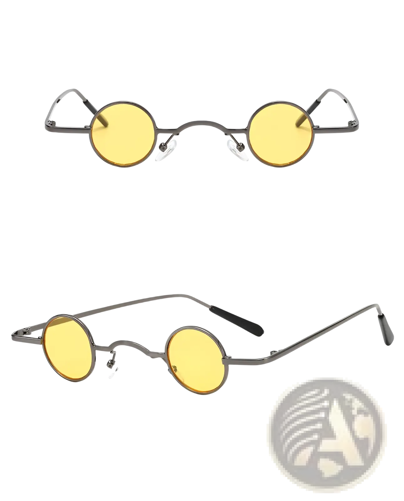 Retro round metal hip hop sunglasses with round yellow tinted lenses black temple tips and minimalist frame