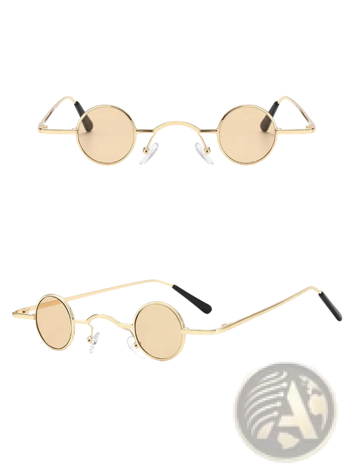 Gold-toned retro round metal hip hop sunglasses with light amber lenses and black temple tips