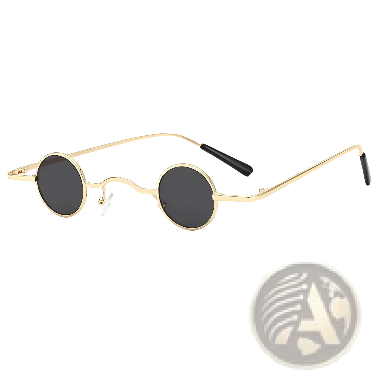 Retro round metal hip hop sunglasses with gold-toned round frames, dark gray lenses, and black temple tips