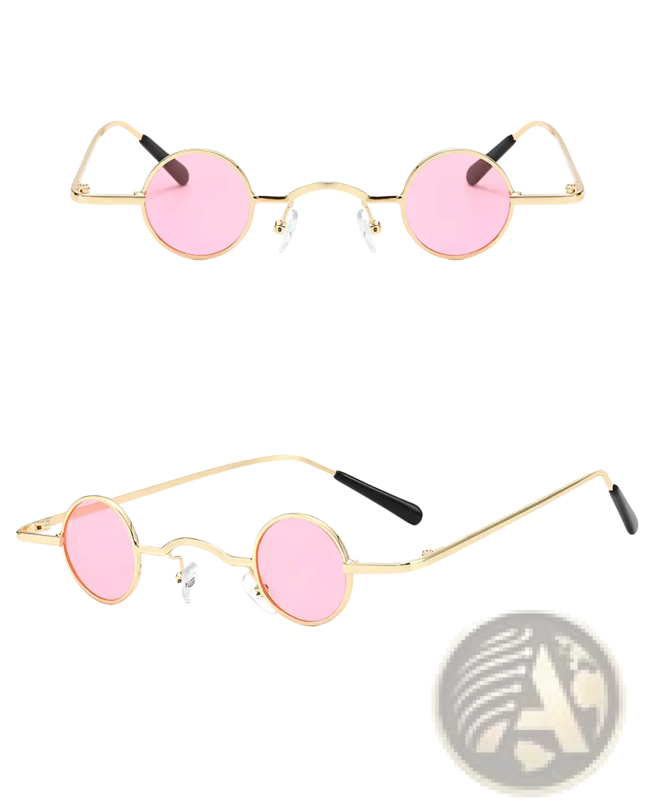 Retro round metal hip hop sunglasses with gold rims pink lenses and black temple tips for stylish eye protection