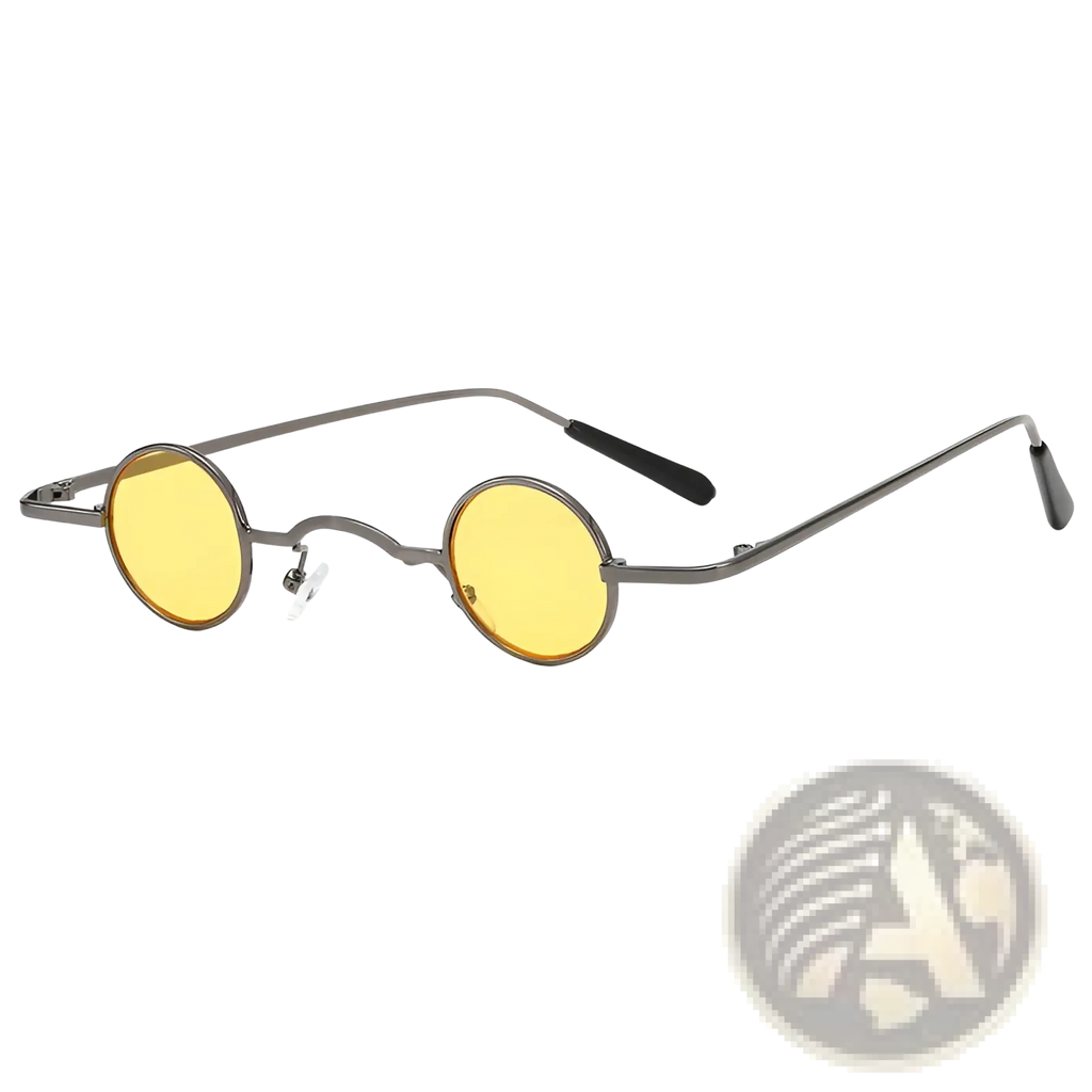 Retro round metal hip hop sunglasses with round yellow tinted lenses and sleek dark metal frame with black temple tips