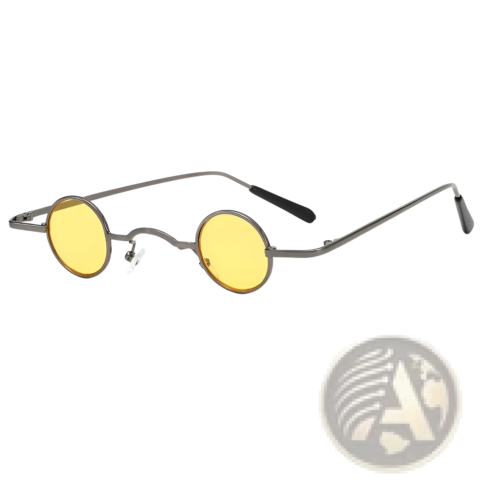Retro round metal hip hop sunglasses with round yellow tinted lenses and sleek dark metal frame with black temple tips