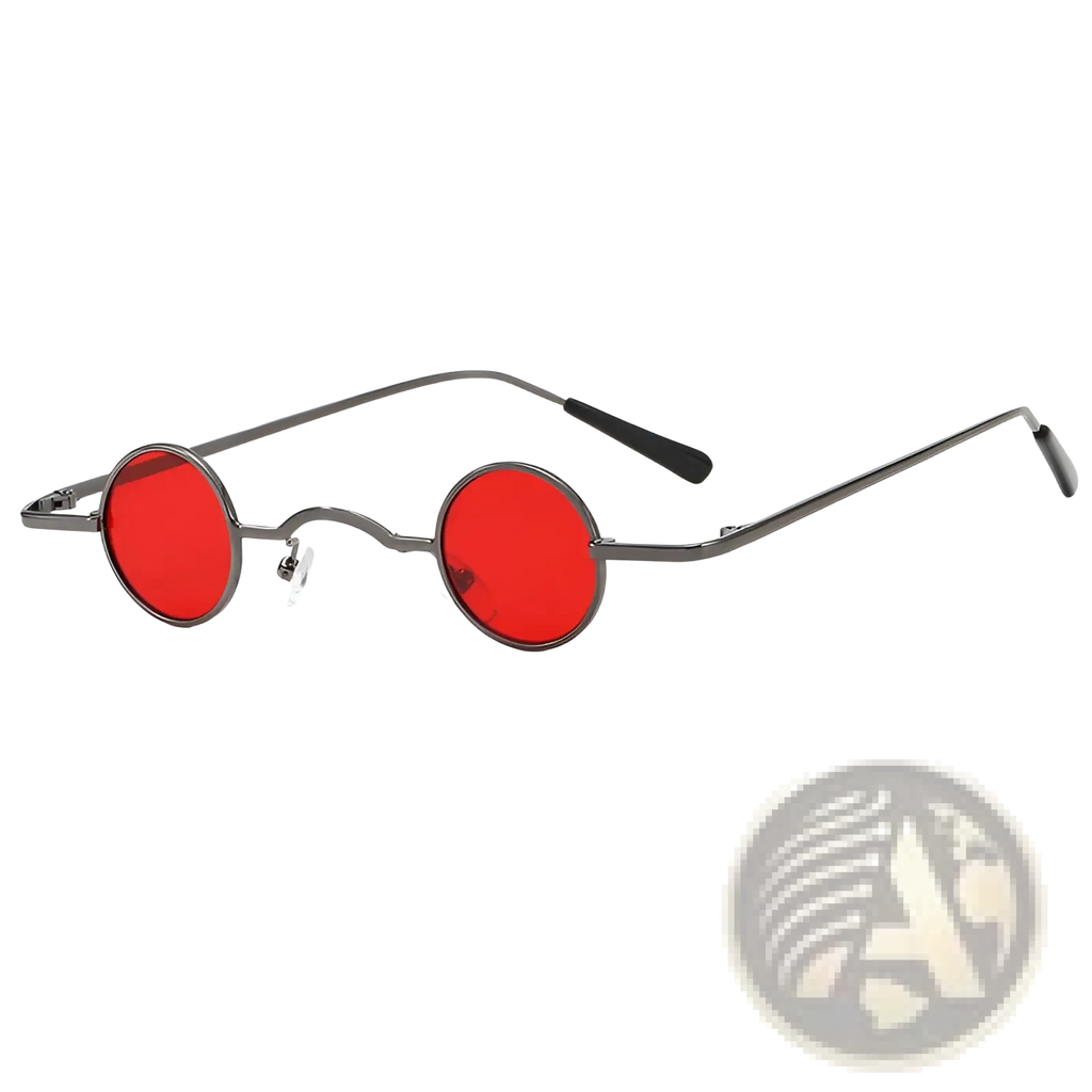 Retro round metal hip hop sunglasses with red circular lenses and dark metal frame with black temple tips