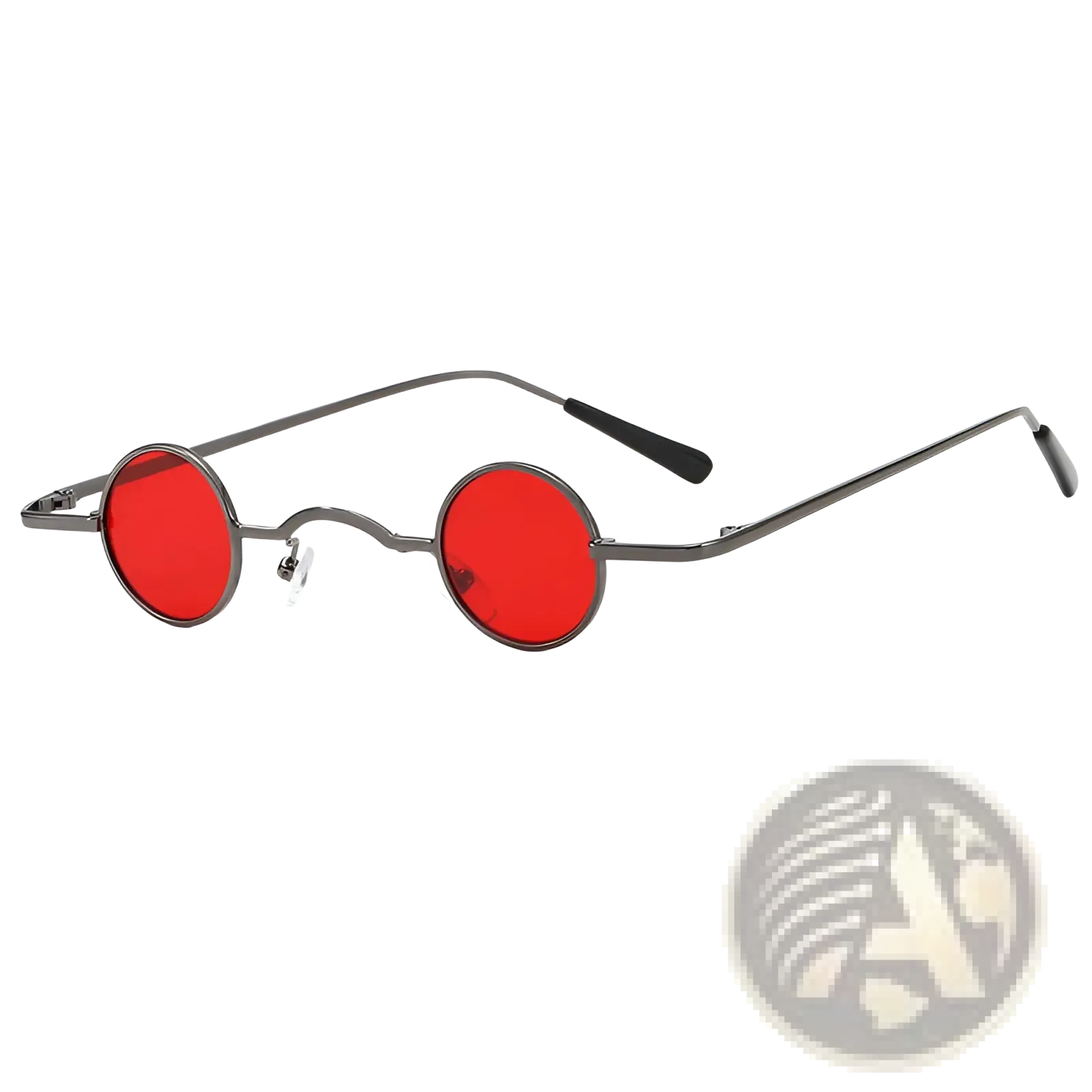 Retro round metal hip hop sunglasses with red circular lenses and dark metal frame with black temple tips