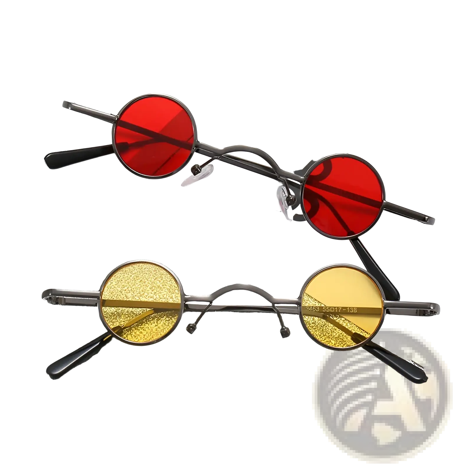 A pair of retro round metal hip hop sunglasses with black frames and red and yellow glittery lenses