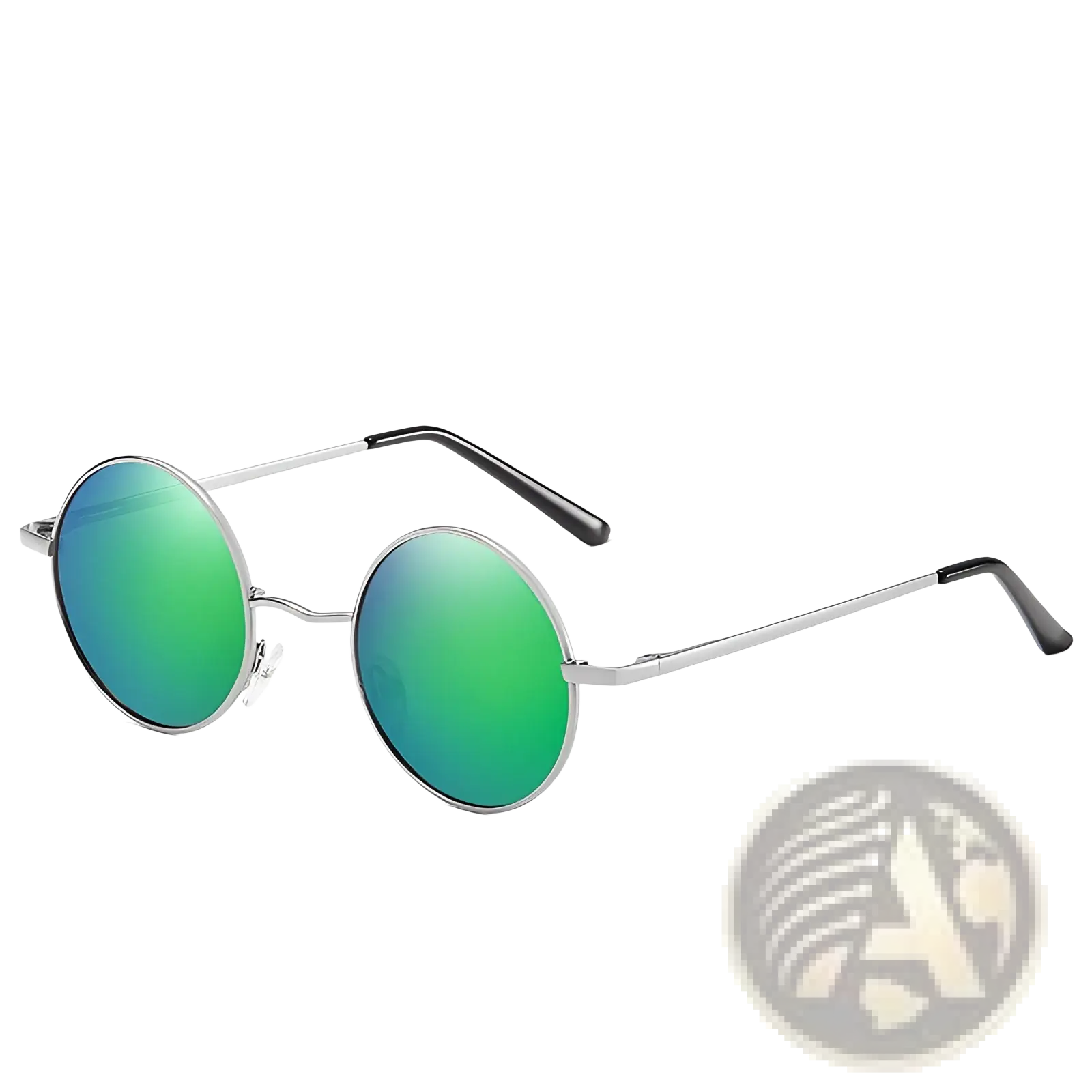 Retro round polarized metal sunglasses with round silver frames vibrant green mirrored lenses and black temple tips